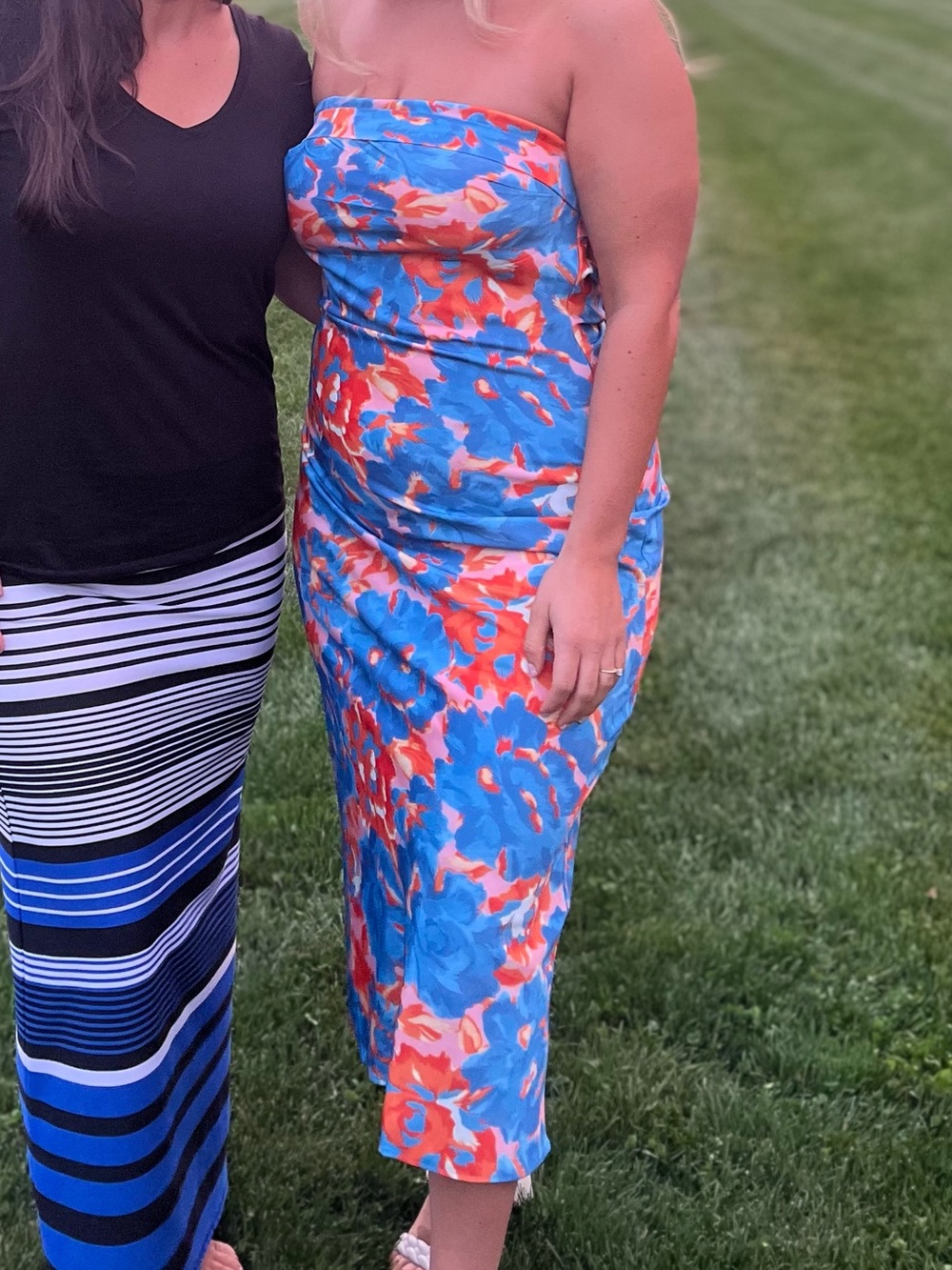 Strapless Floral Midi Dress in Blue and Orange